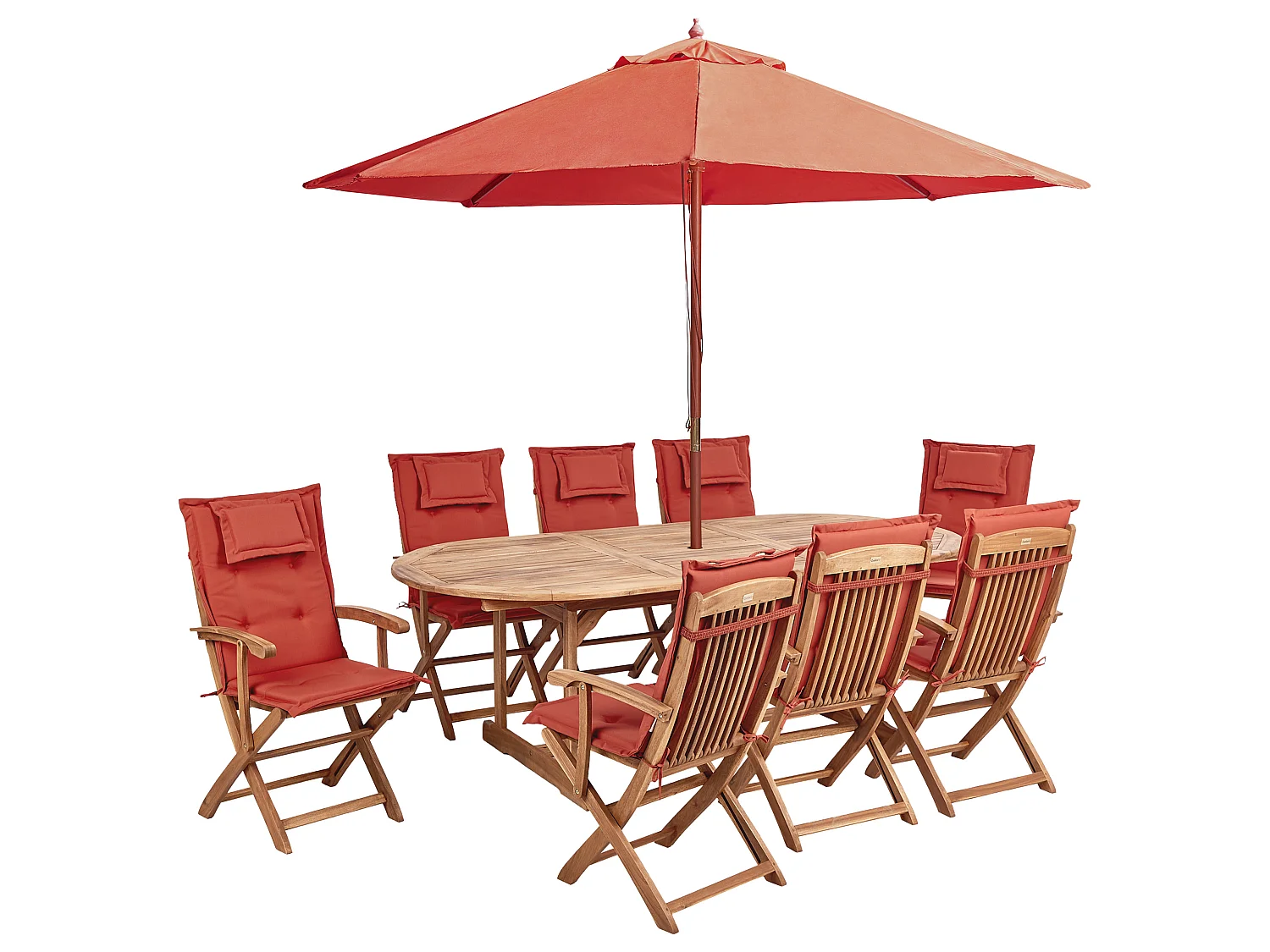 Salle à manger de jardin 8 places MAUI II avec parasol Acacia Rouge foncé