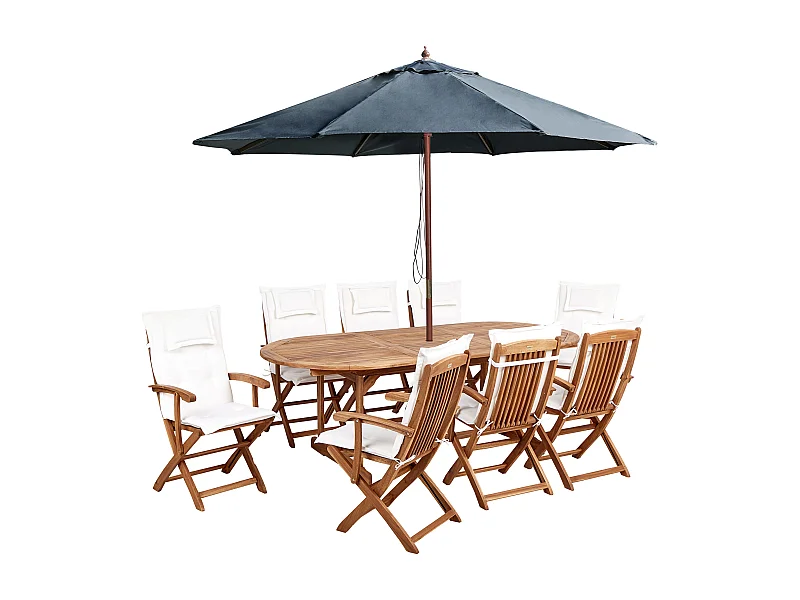 Set da pranzo da giardino 8 posti MAUI II con Ombrellone Legno d'acacia Bianco sporco