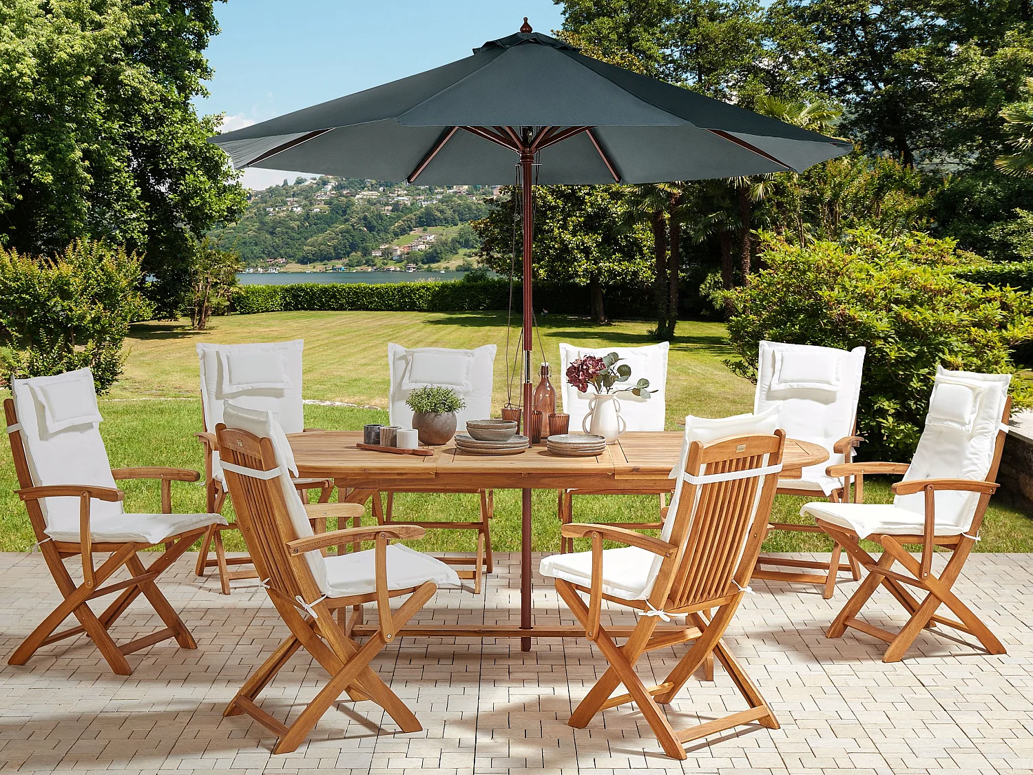 Gartenmöbel Set 8-Sitzer MAUI II mit Schirm Akazienholz Cremeweiss