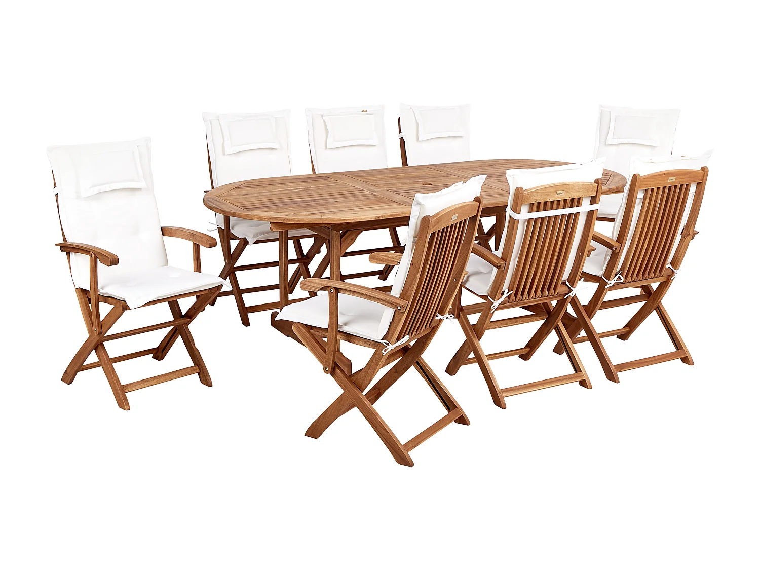 Gartenset Akazienholz heller Holzfarbton mit Auflagen weiß Sonnenschirm Maui II