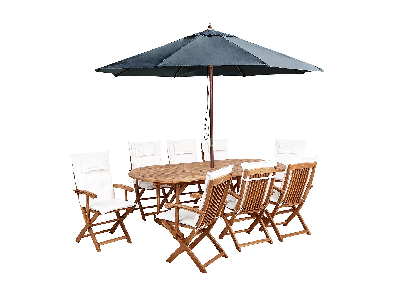 Gartenset Akazienholz heller Holzfarbton mit Auflagen weiß Sonnenschirm Maui II