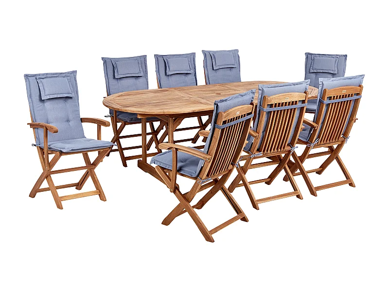 Gartenset Akazienholz heller Holzfarbton 8 Stühle Tisch Auflagen blau Maui II