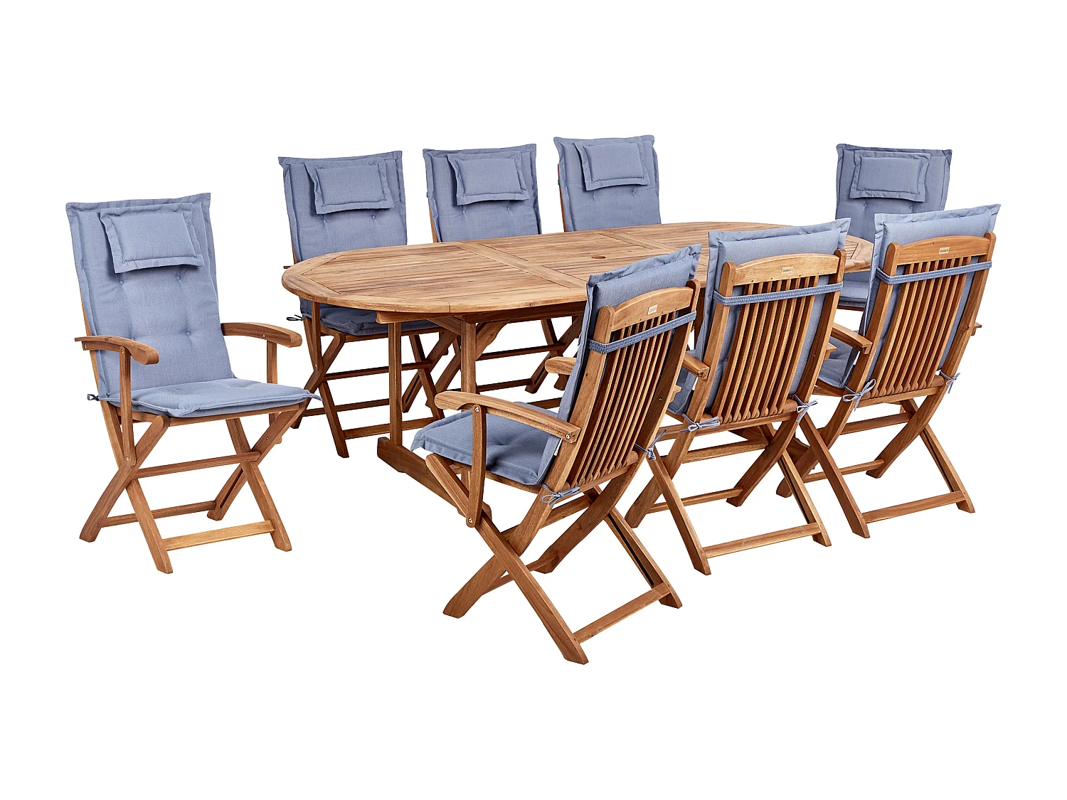 Gartenset Akazienholz heller Holzfarbton 8 Stühle Tisch Auflagen blau Maui II