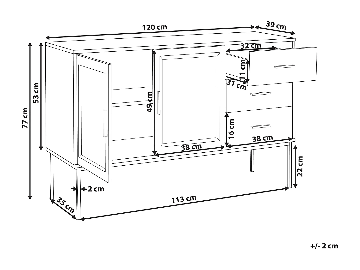 Sideboard 3 Rattan-Türen 3 Schubladen heller Holzfarbton Metallbeine Pasco