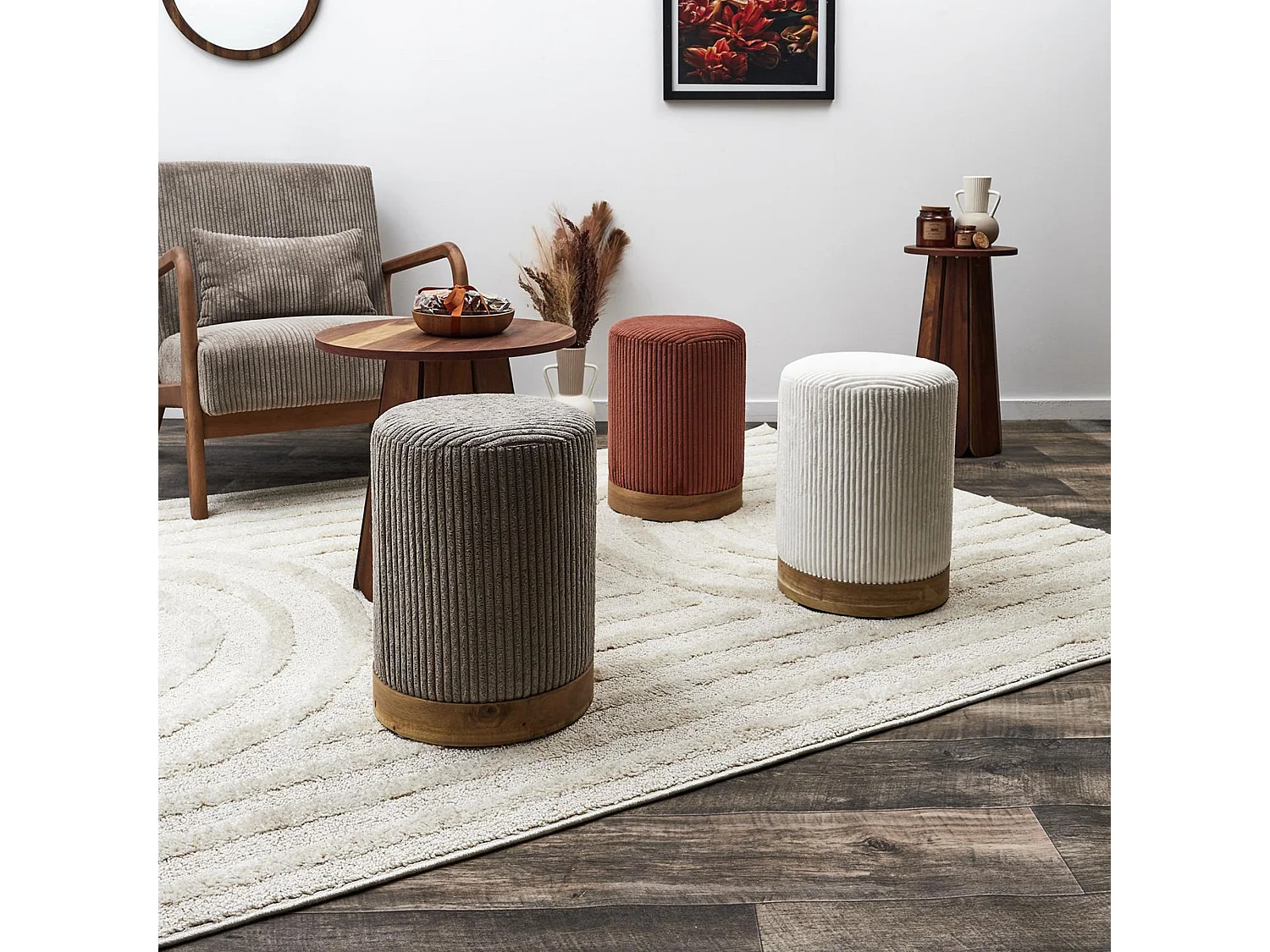 Pouf côtelé forme cylindre 30x40x30 cm collection MOANA coloris blanc