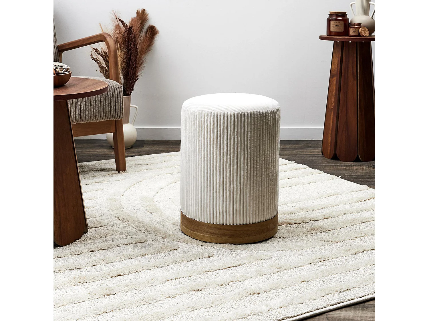 Pouf côtelé forme cylindre 30x40x30 cm collection MOANA coloris blanc