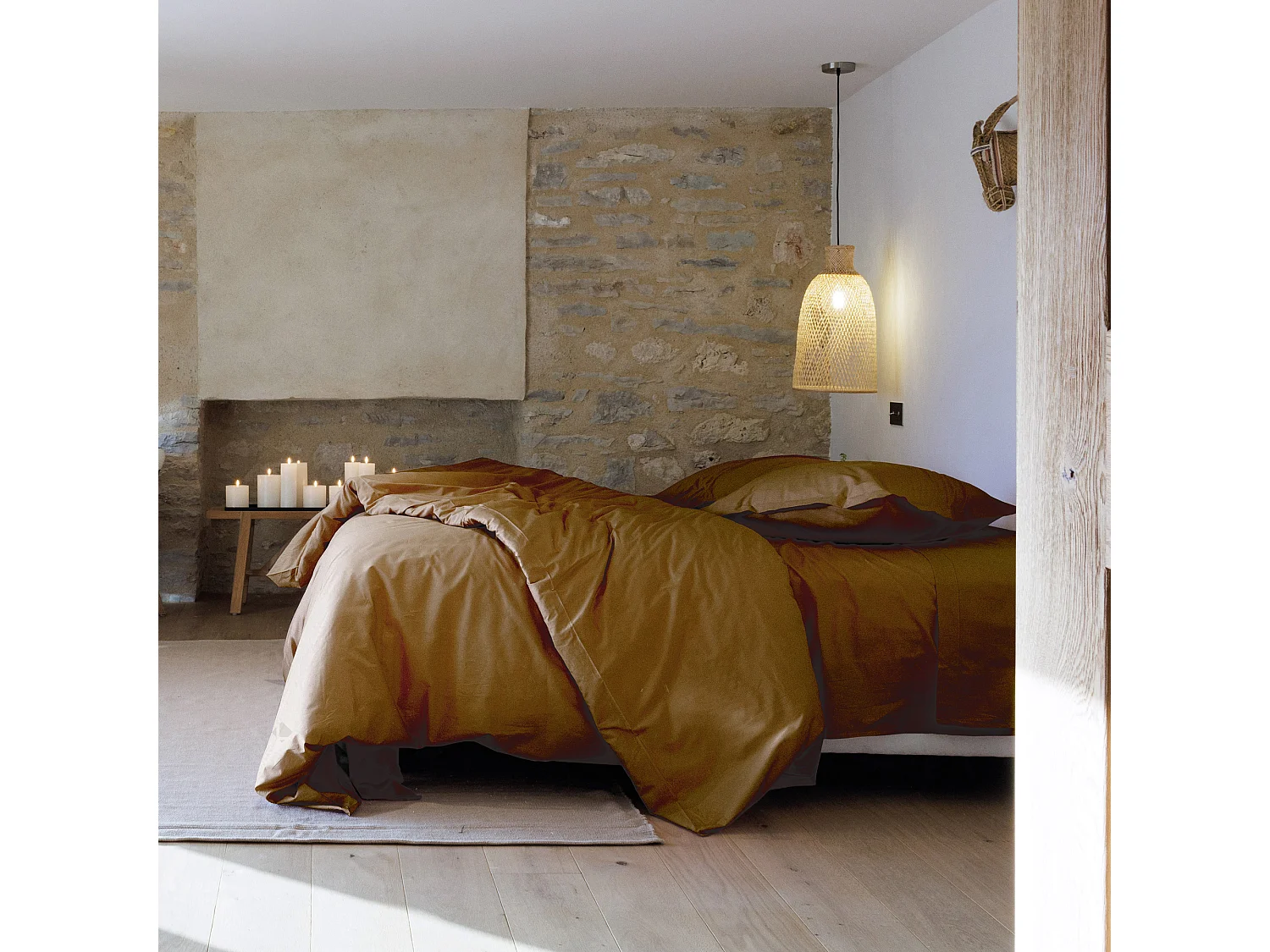 Drap plat 270x300 cm percale de coton MANOIR marron Cognac