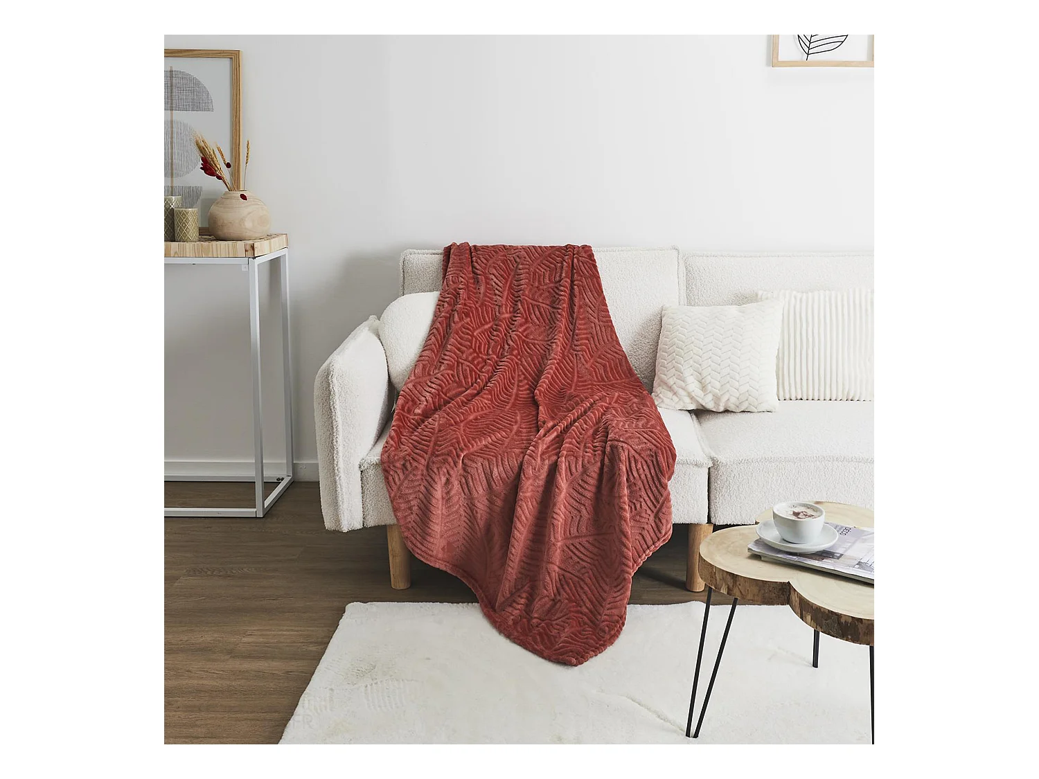 Plaid flanelle JULIA 150x200 cm motif végétation rouge terracotta