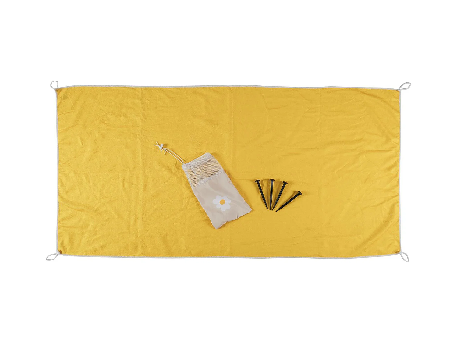 Drap de plage 70x140 cm en microfibre avec ses piquets et son sac PLAYA modèle marguerite jaune