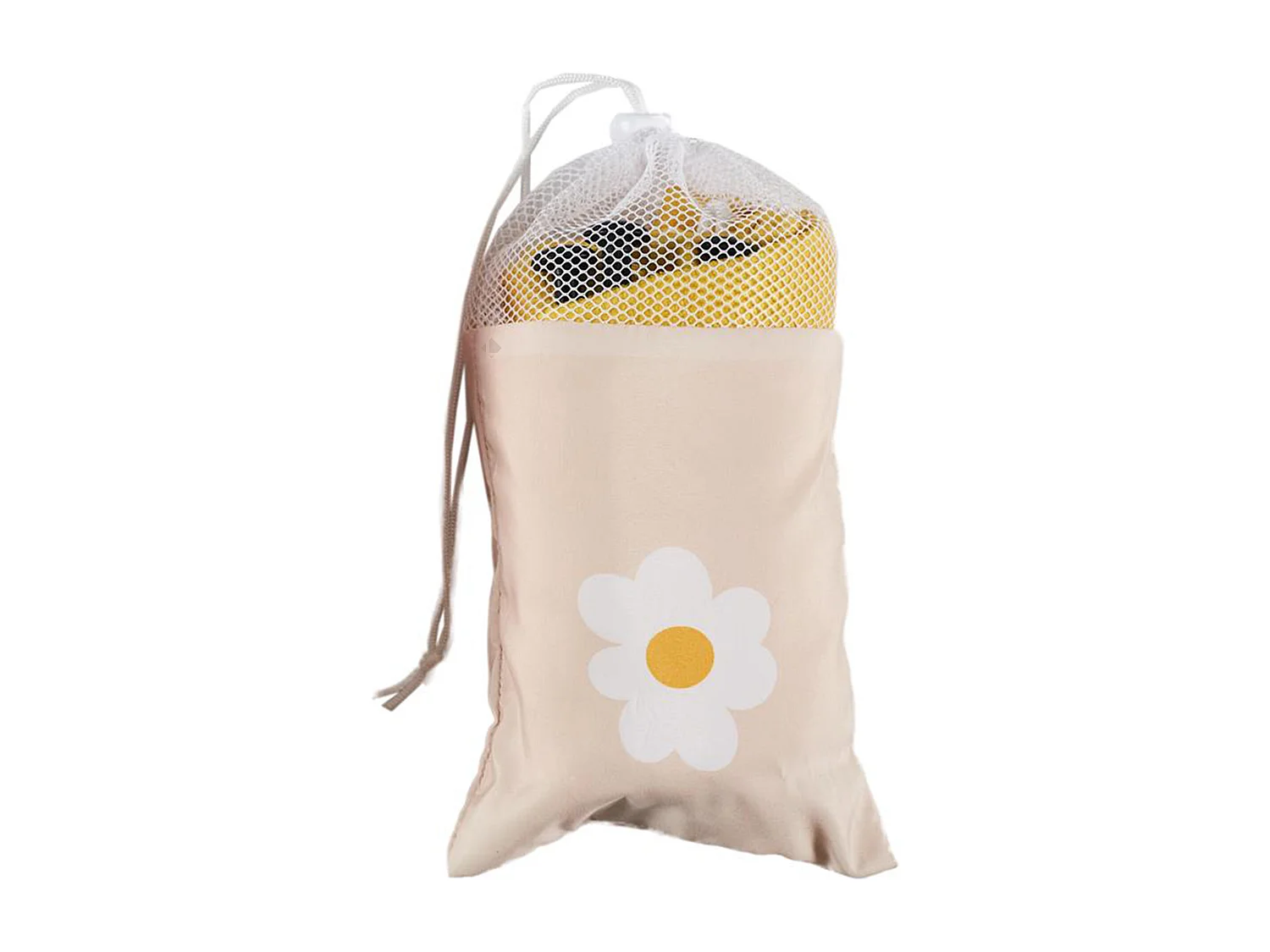 Drap de plage 70x140 cm en microfibre avec ses piquets et son sac PLAYA modèle marguerite jaune