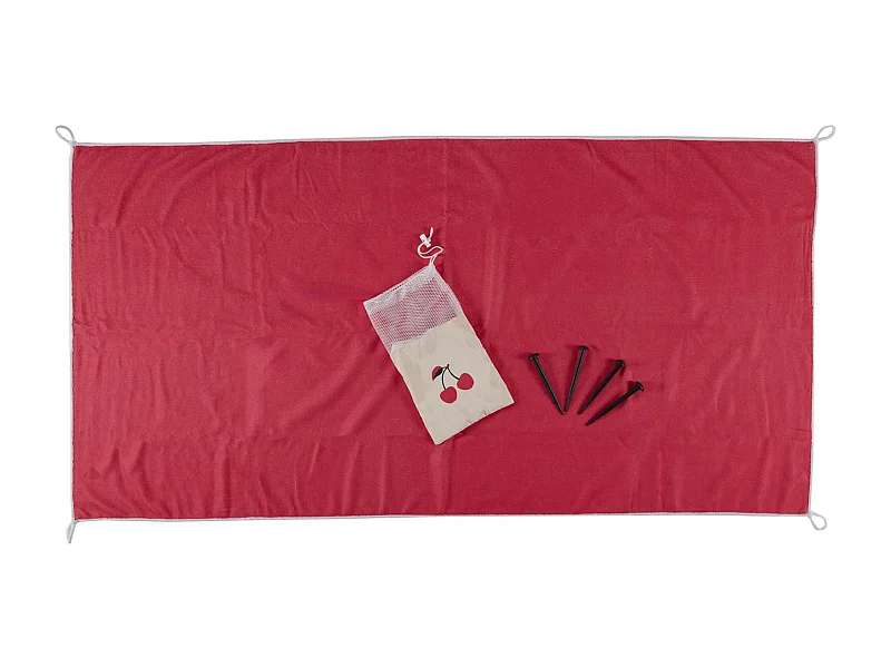 Drap de plage 70x140 cm en microfibre avec ses piquets et son sac PLAYA modèle cerise rouge