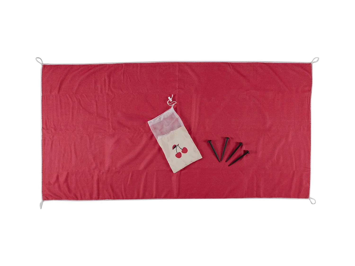 Drap de plage 70x140 cm en microfibre avec ses piquets et son sac PLAYA modèle cerise rouge