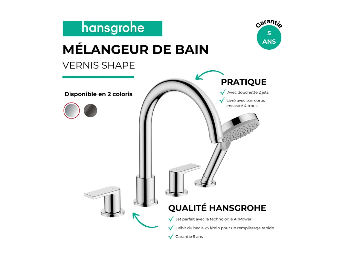Mélangeur baignoire 4 trous HANSGROHE Vernis Shape chromé + corps d'encastrement