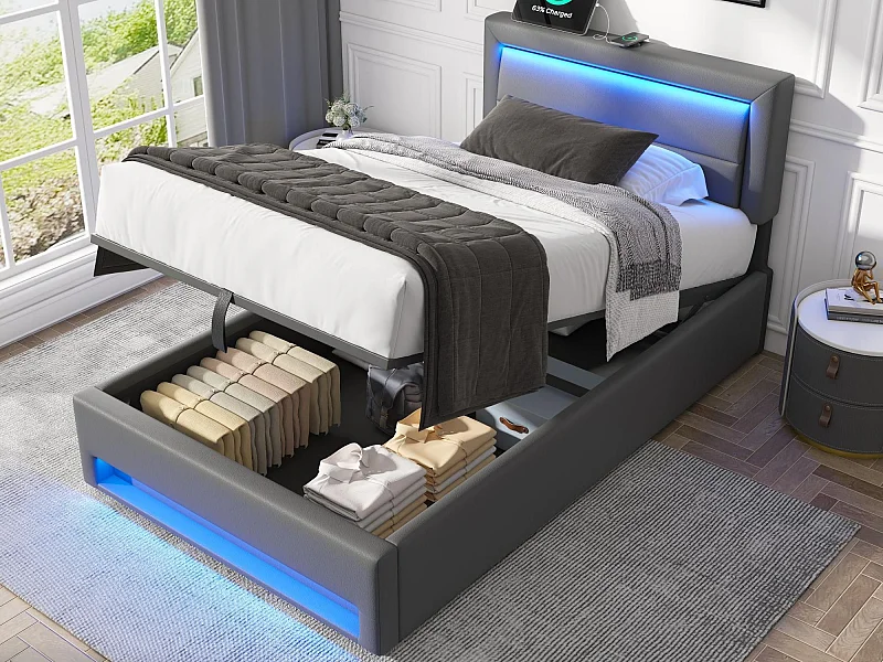 90 x 190 cm großes Stauraumbett aus Kunstleder mit LED – mit Ladeanschlüssen (kabelgebunden und kabellos) – Grau