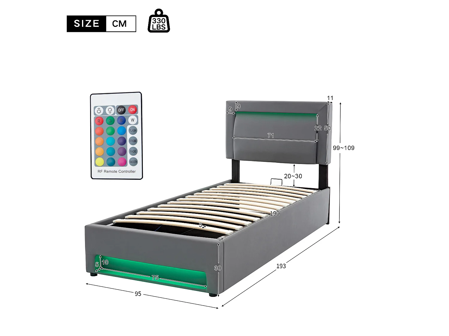 90x190 cm kunstleren opbergbed met LED - met oplaadpoorten (bedraad en draadloos) - Grijs
