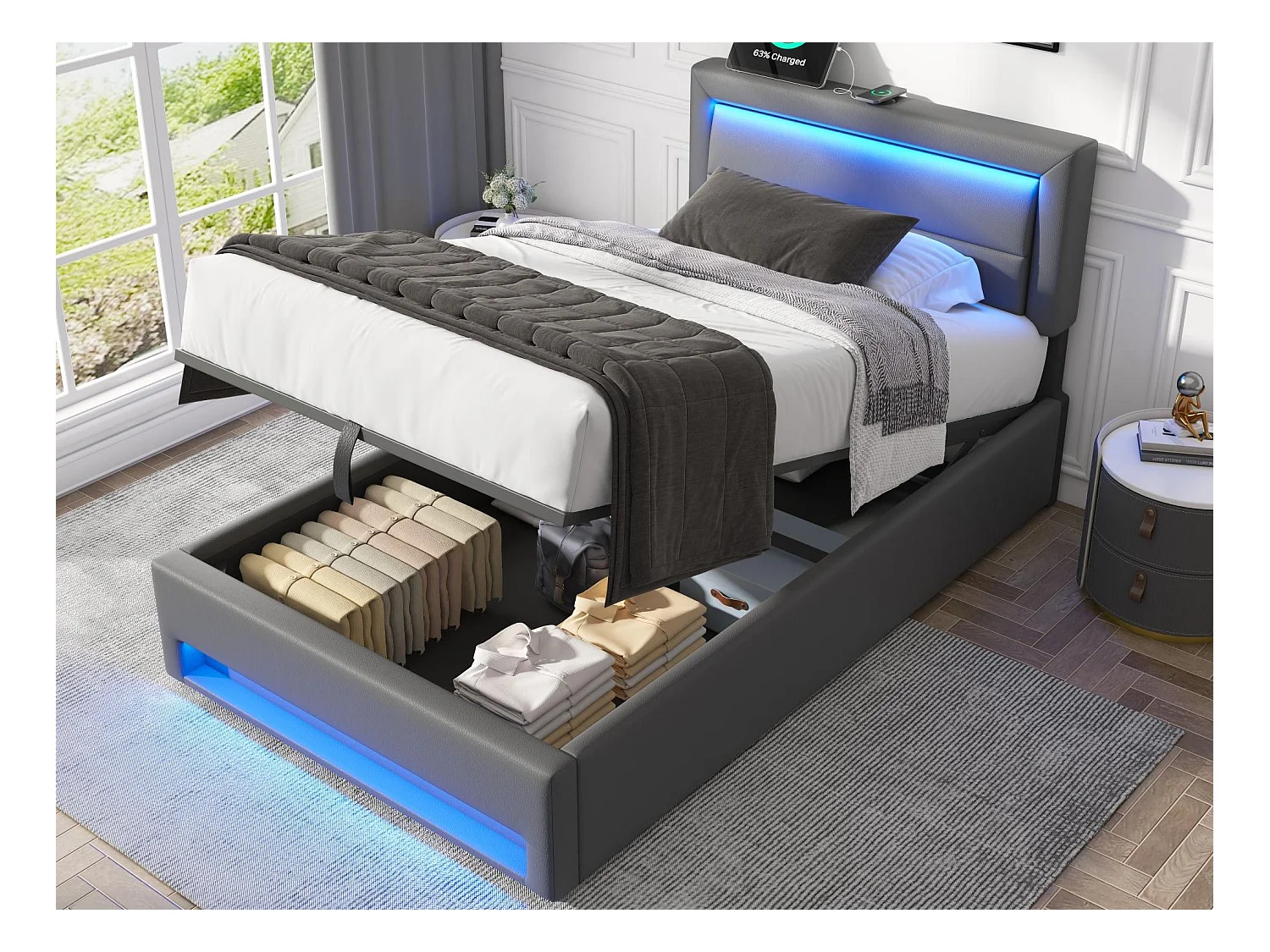 Lit coffre 90x190 cm en similicuir avec LED - avec ports de recharge (filaire & sans fil) - Gris