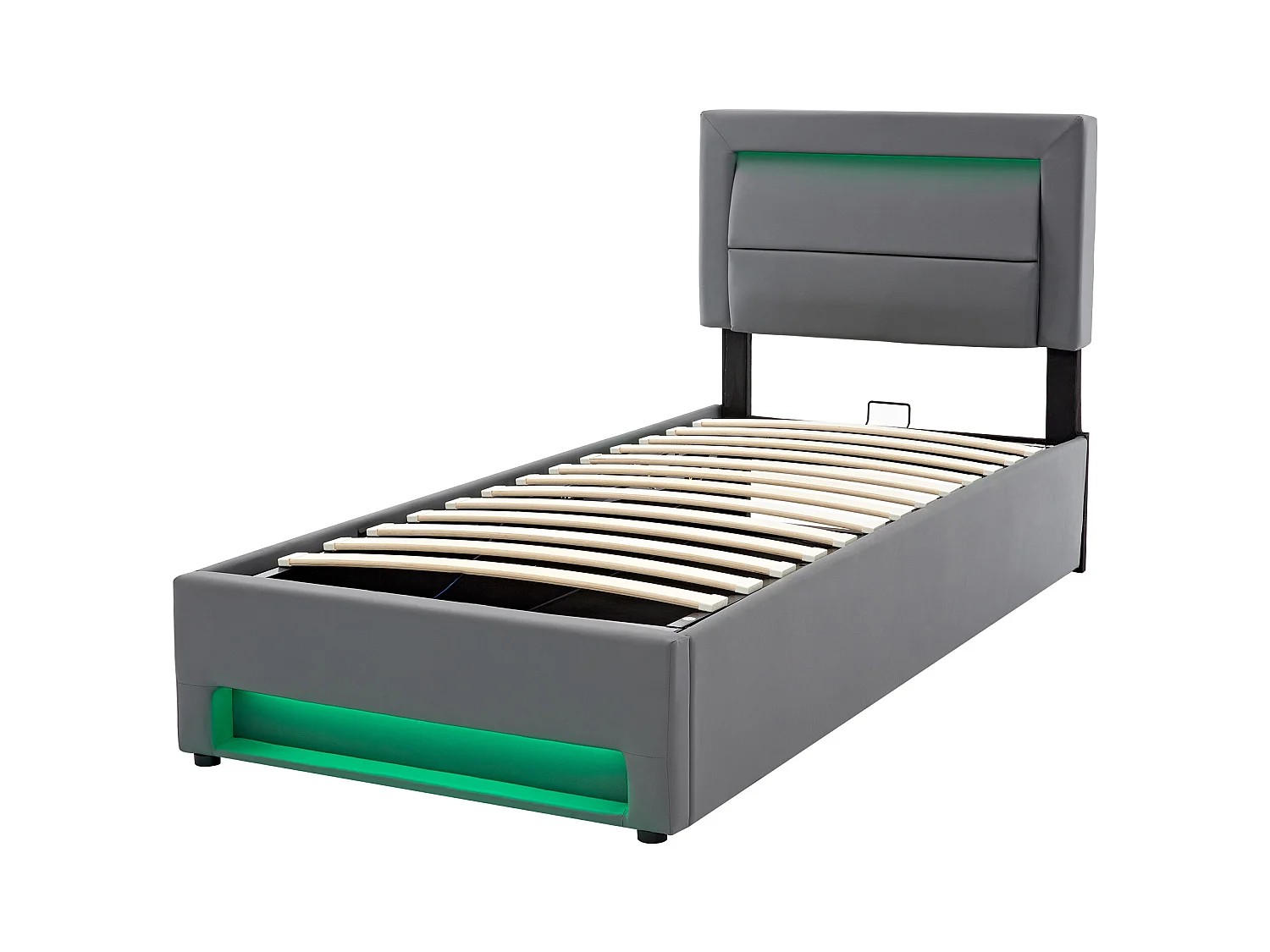 Lit coffre 90x190 cm en similicuir avec LED - avec ports de recharge (filaire & sans fil) - Gris