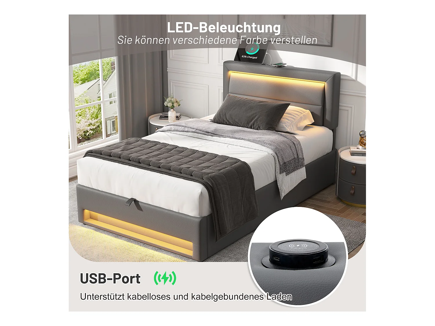 Lit coffre 90x190 cm en similicuir avec LED - avec ports de recharge (filaire & sans fil) - Gris