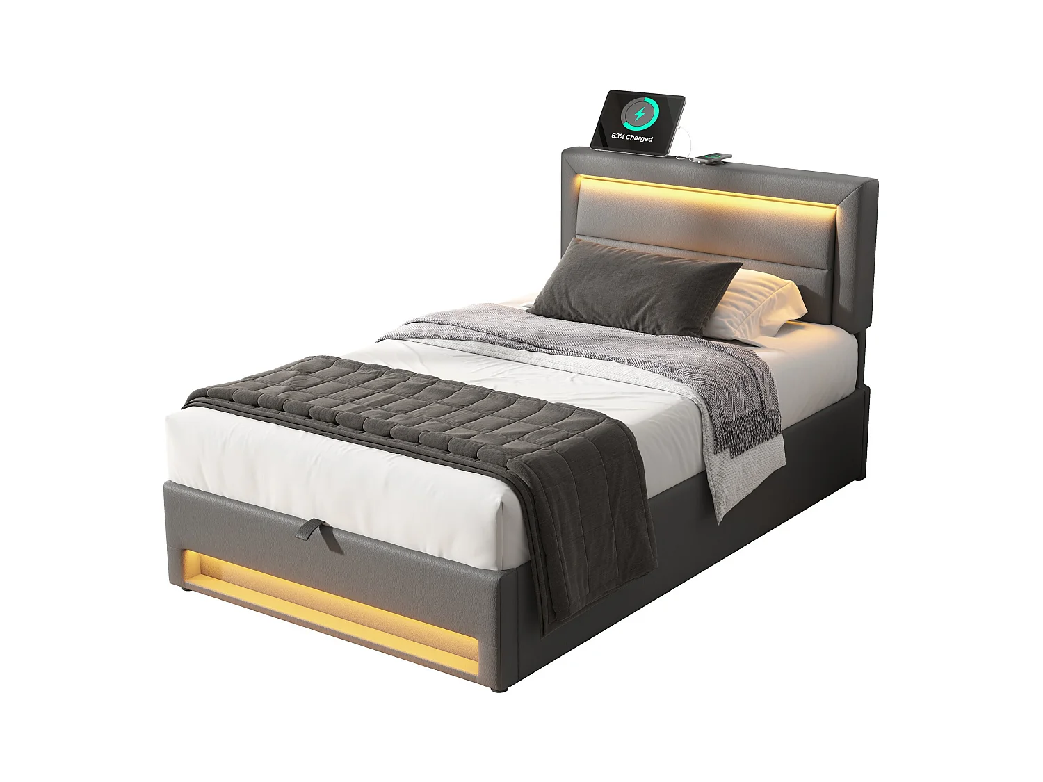 Lit coffre 90x190 cm en similicuir avec LED - avec ports de recharge (filaire & sans fil) - Gris