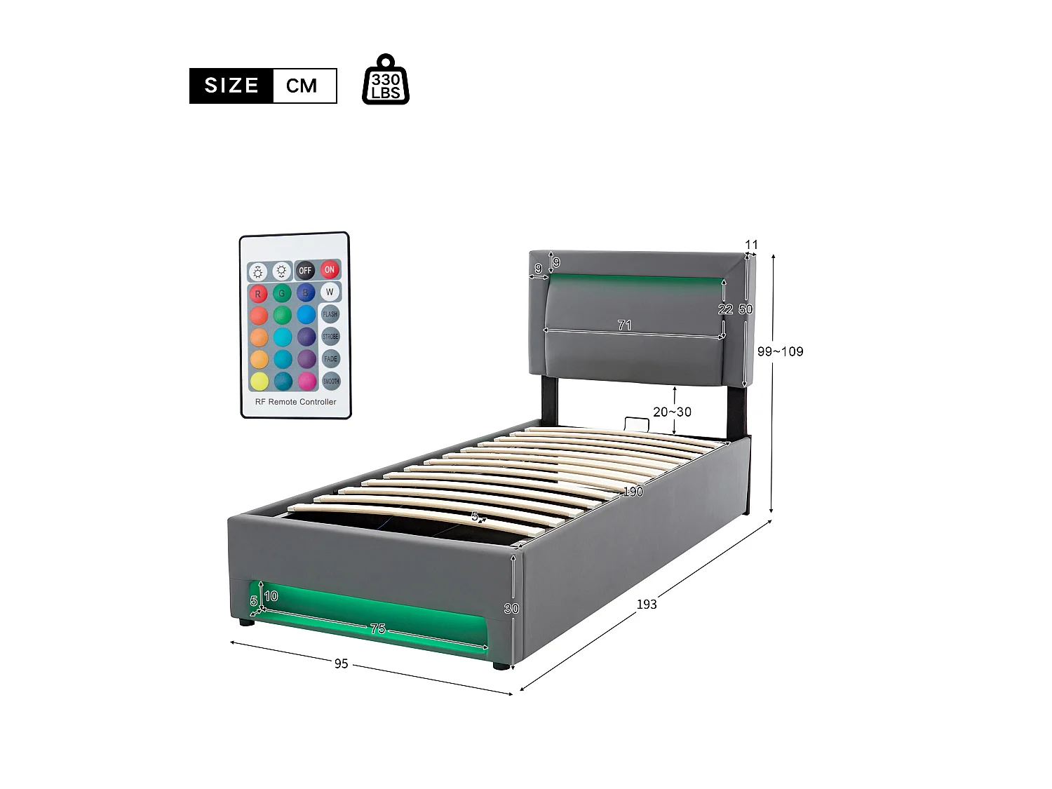 Lit coffre 90x190 cm en similicuir avec LED - avec ports de recharge (filaire & sans fil) - Gris