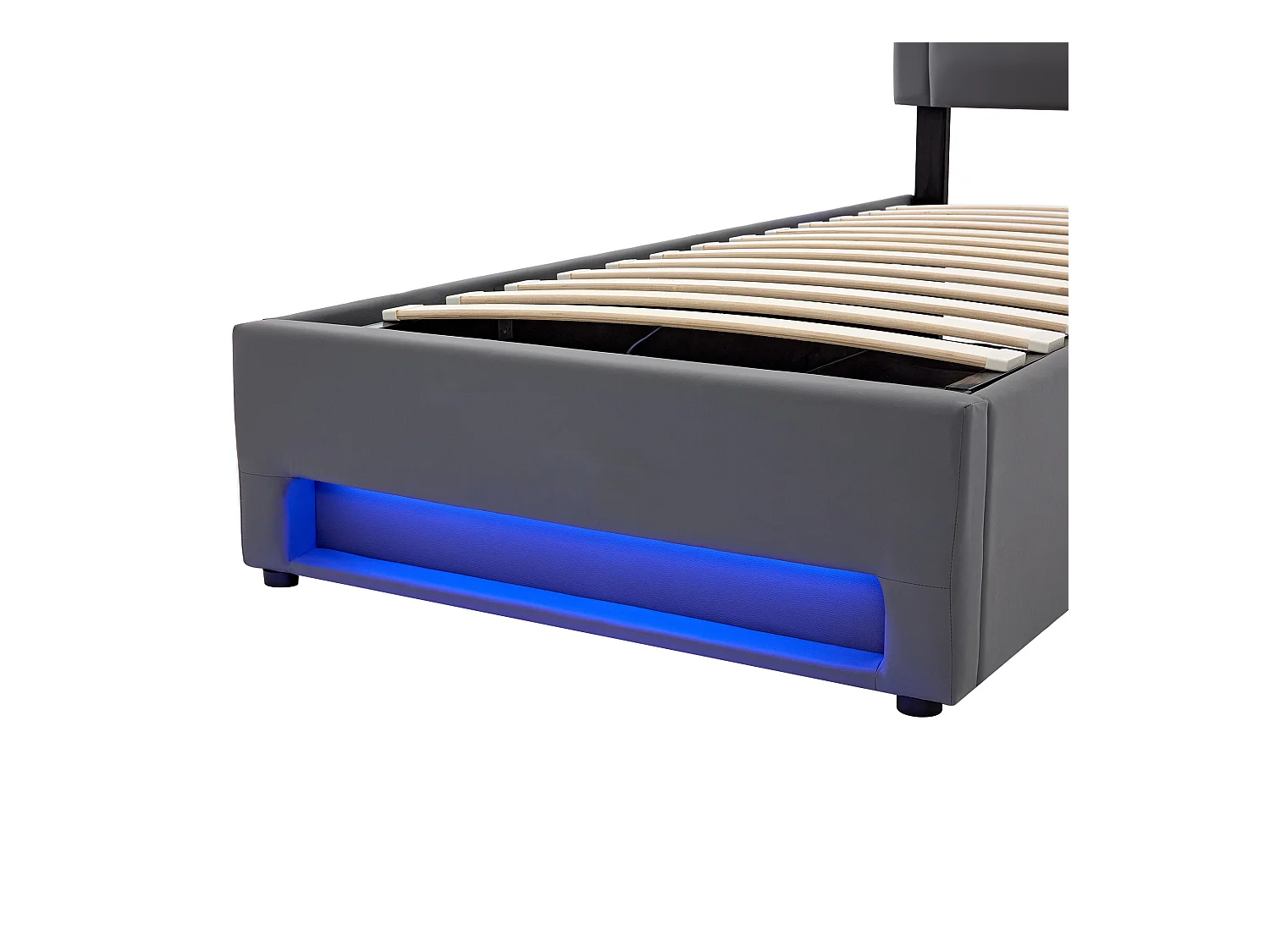 Lit coffre 90x190 cm en similicuir avec LED - avec ports de recharge (filaire & sans fil) - Gris