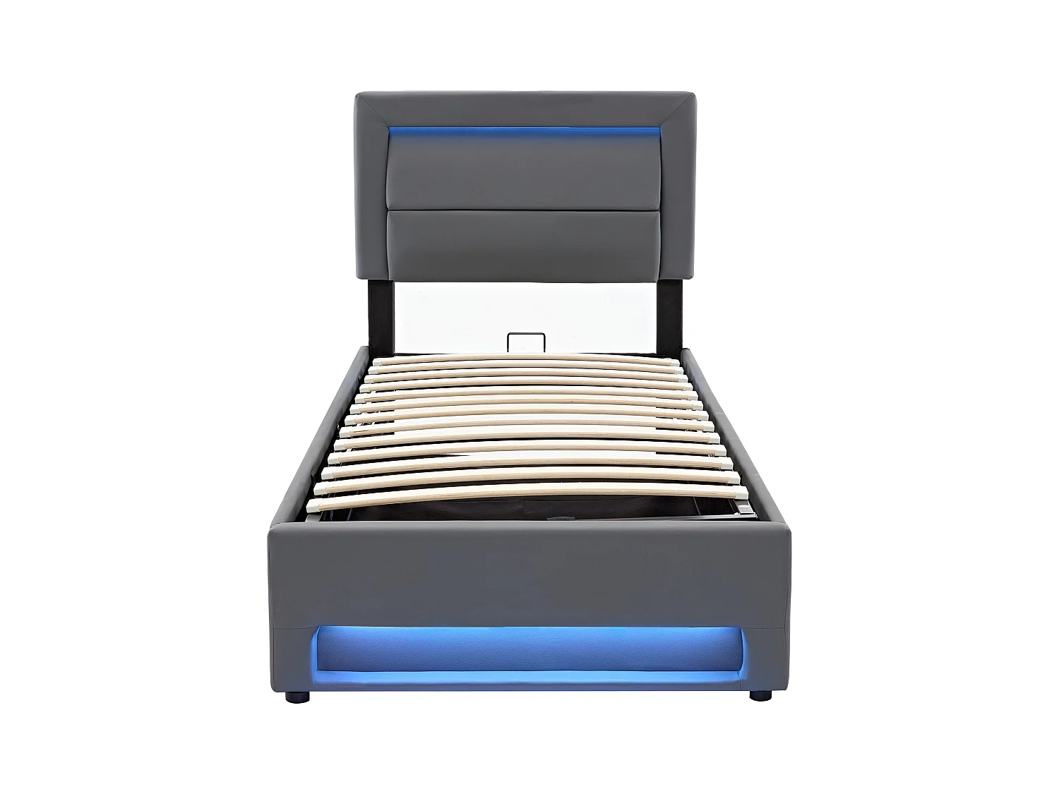 Lit coffre 90x190 cm en similicuir avec LED - avec ports de recharge (filaire & sans fil) - Gris