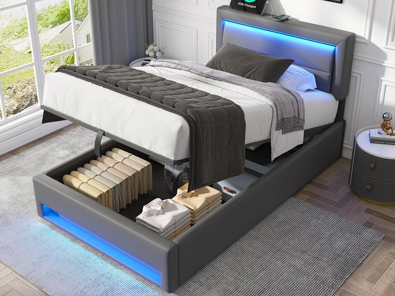 Lit coffre 90x190 cm en similicuir avec LED - avec ports de recharge (filaire & sans fil) - Gris