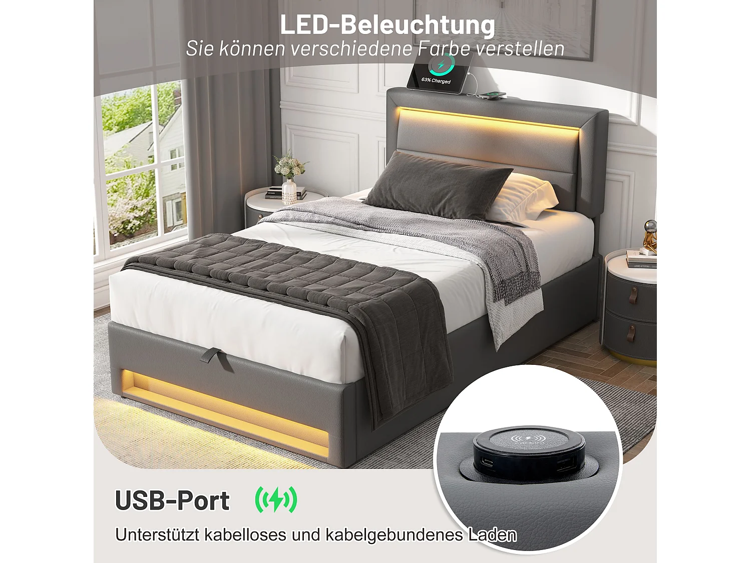 Lit coffre 90x190 cm en similicuir avec LED - avec ports de recharge (filaire & sans fil) - Gris