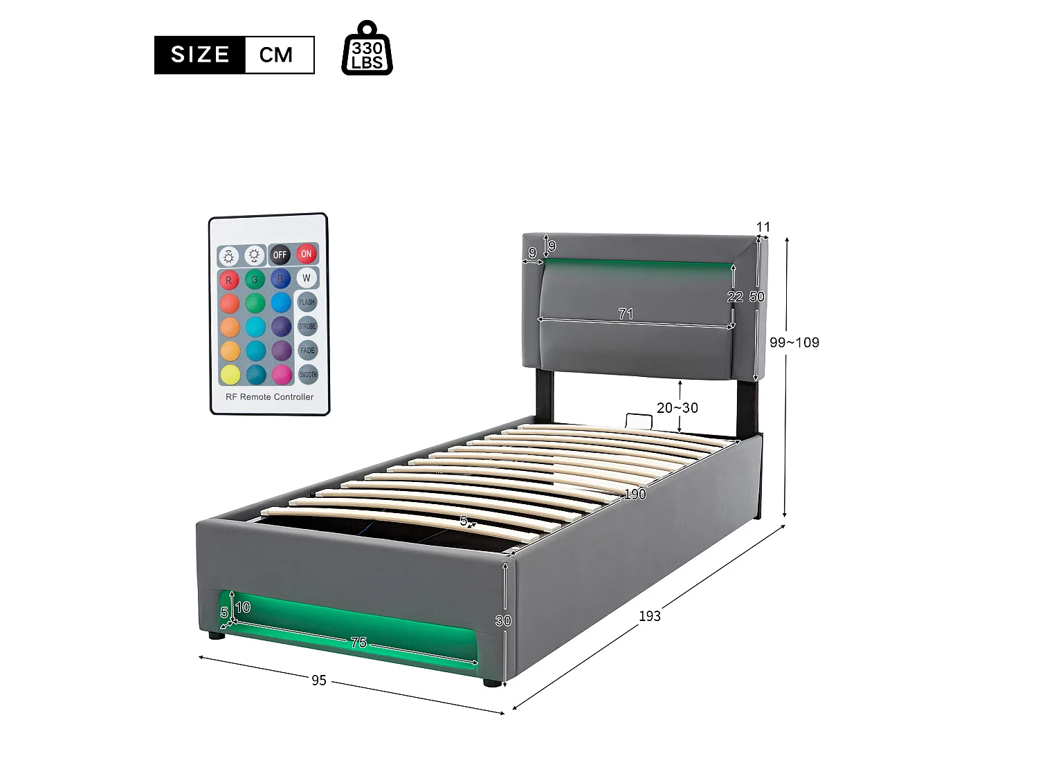 90x190 cm kunstleren opbergbed met LED - met oplaadpoorten (bedraad en draadloos) - Grijs