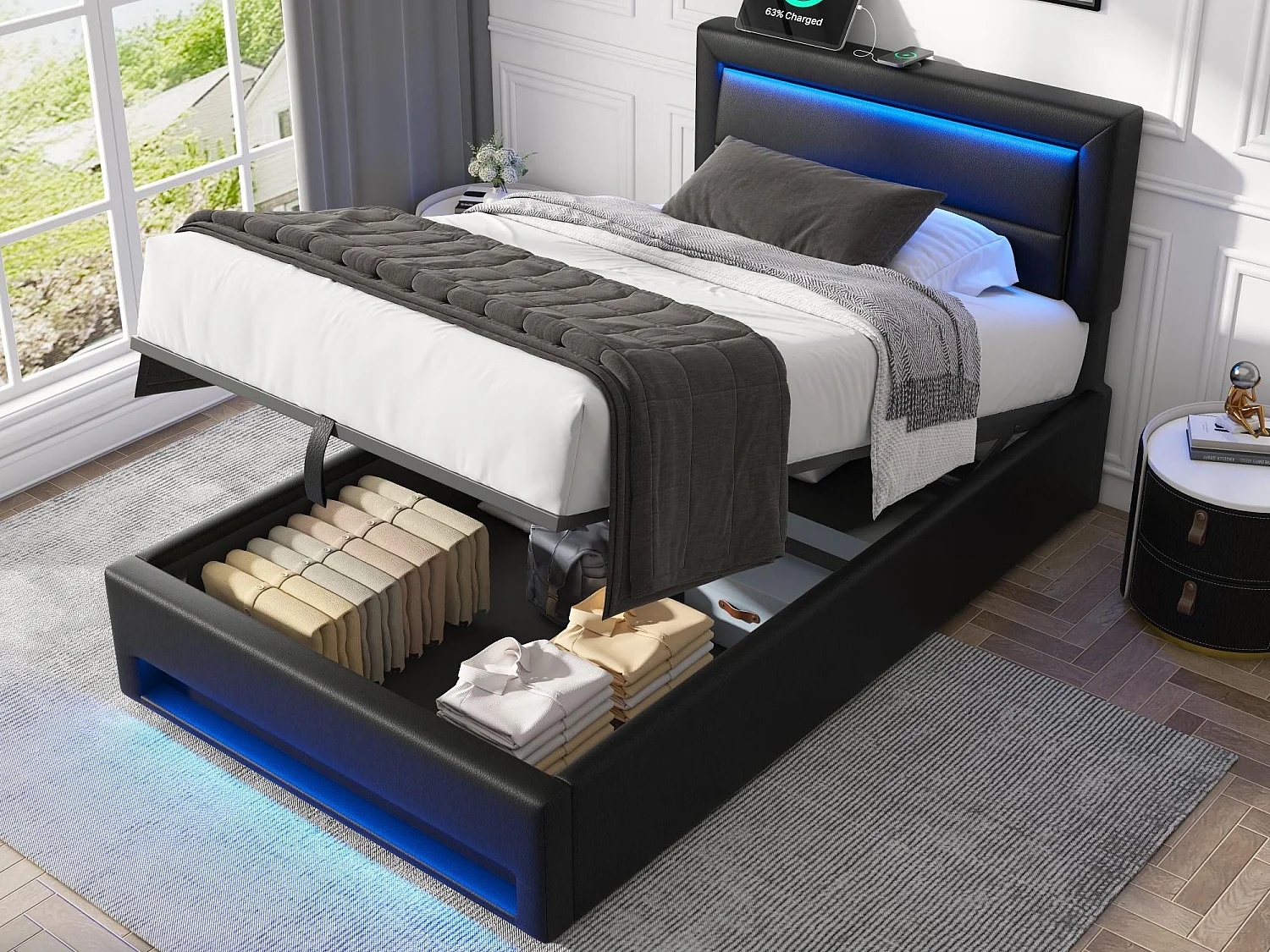 Cama contenedor de piel sintética de 90x190 cm con LED - con puertos de carga (con cable e inalámbrico) - Negro