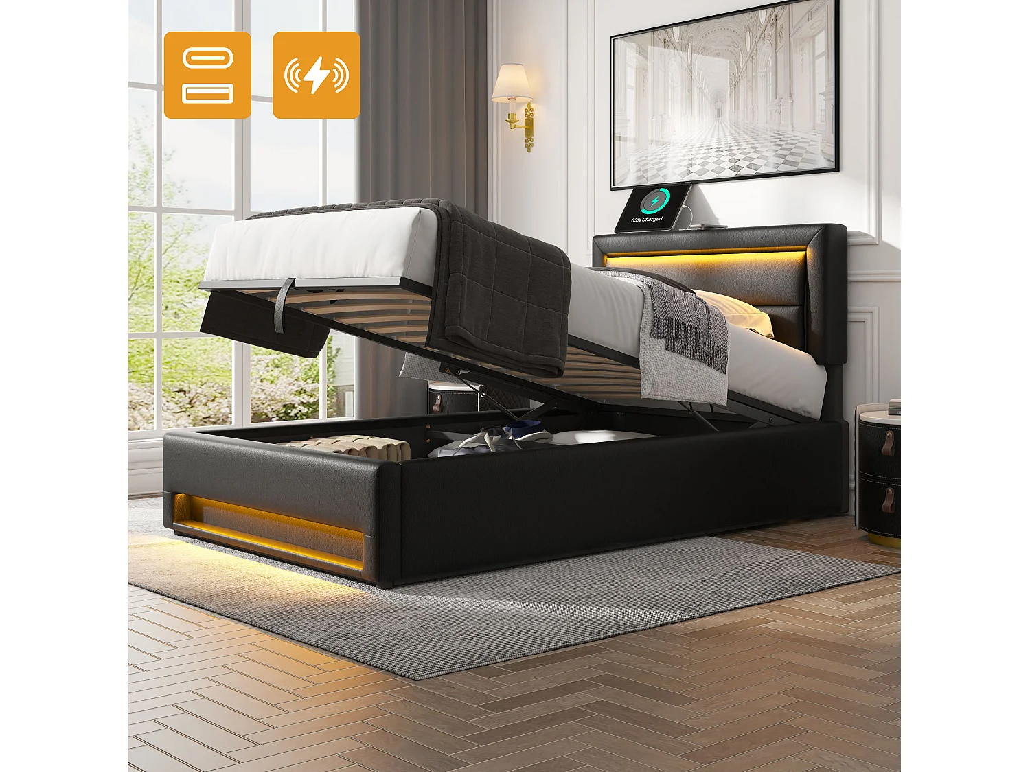 Cama contenedor de piel sintética de 90x190 cm con LED - con puertos de carga (con cable e inalámbrico) - Negro