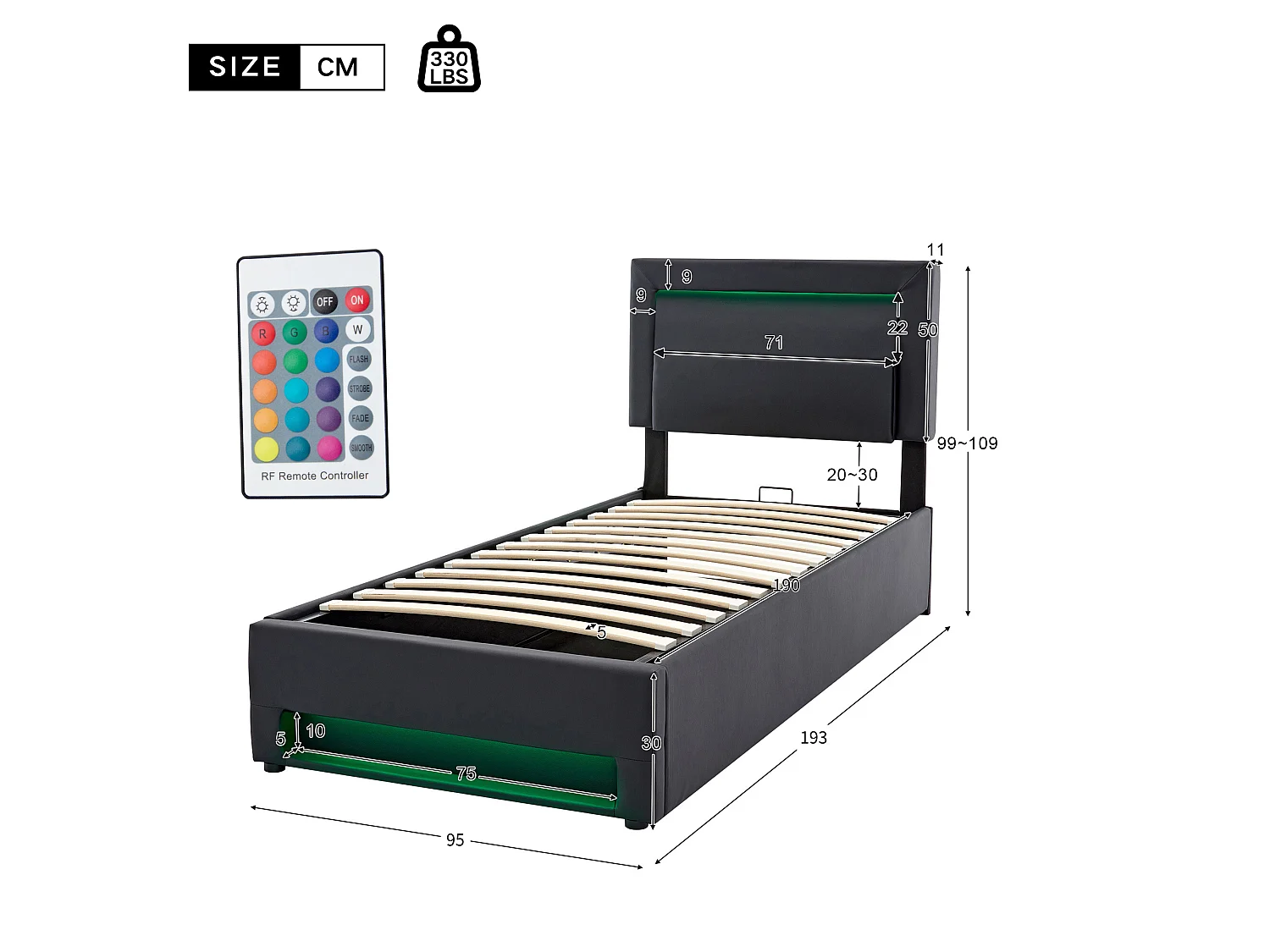 Cama contenedor de piel sintética de 90x190 cm con LED - con puertos de carga (con cable e inalámbrico) - Negro