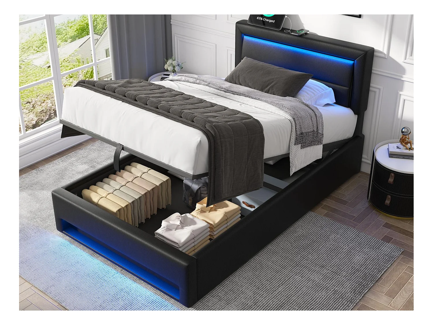 Lit coffre 90x190 cm en similicuir avec LED - avec ports de recharge (filaire & sans fil) - Noir