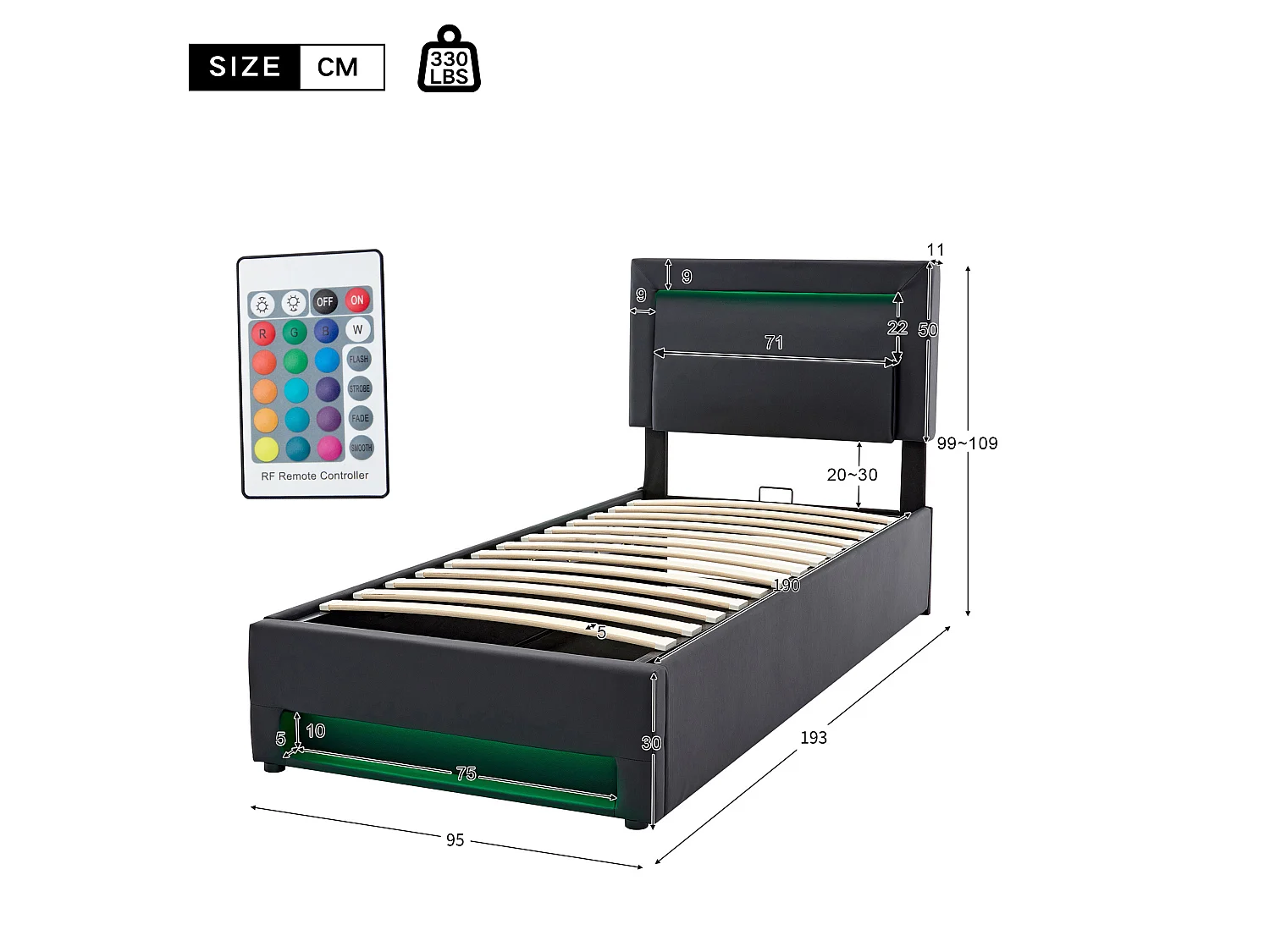 90x190 cm kunstleer opbergbed met LED - met oplaadpoorten (bedraad en draadloos) - Zwart
