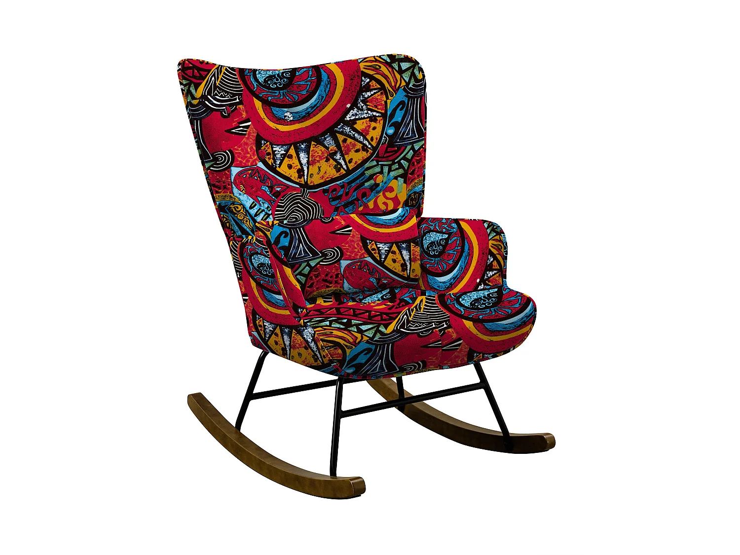 Mecedora de terciopelo con estructura de metal y base de madera, ergonómica, cómoda y moderna.