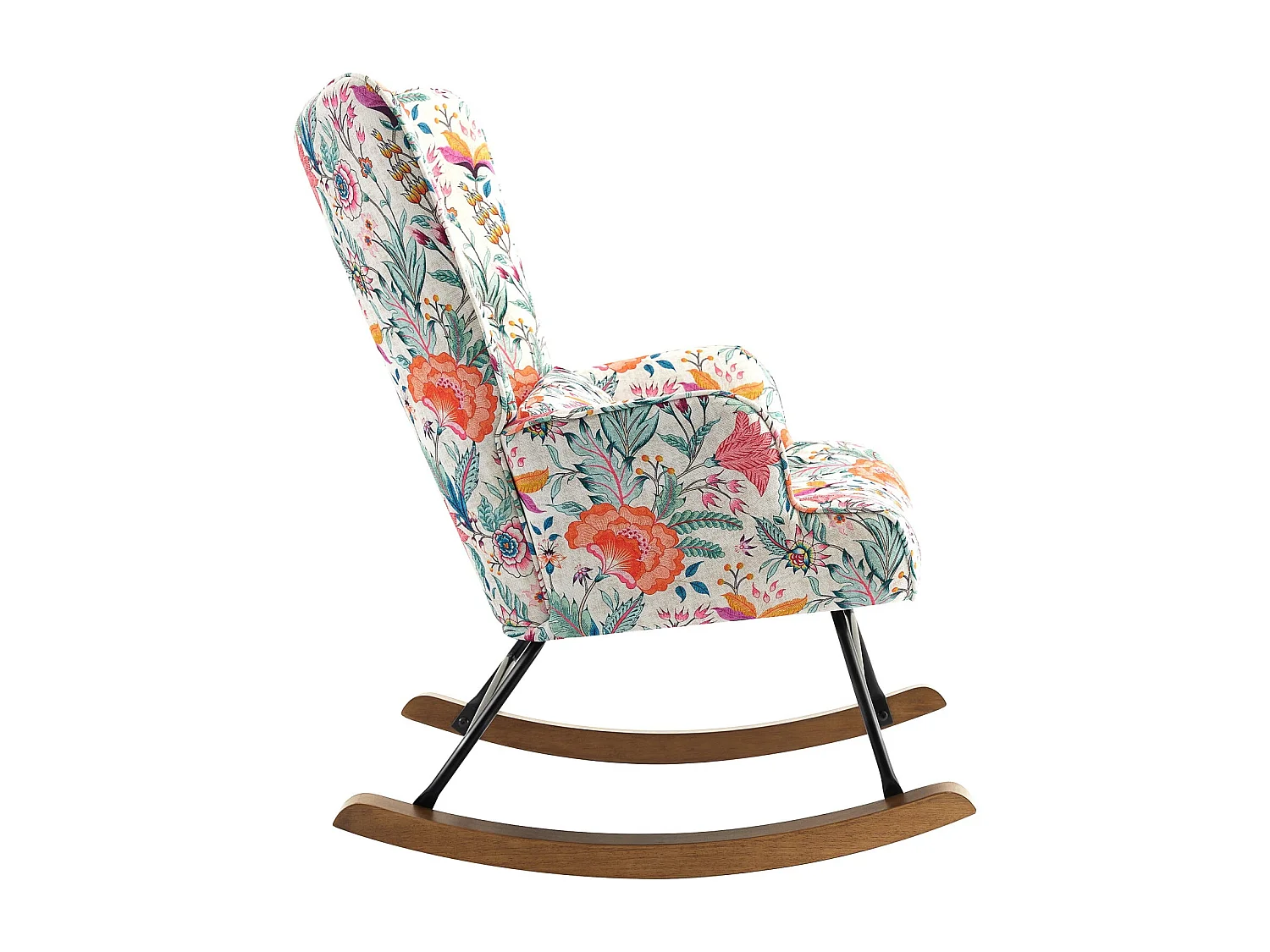 Fauteuil à bascule luxueux en velours avec structure en métal et pieds en bois pour une chambre confortable