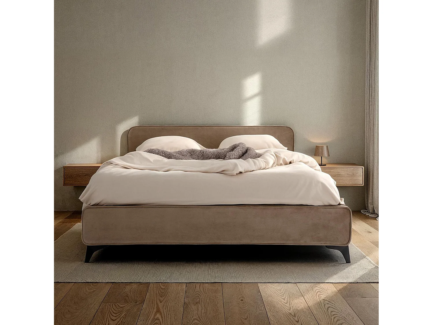 Lit double RAVELLO 140x190 cm, Revêtement en tissu, Lit style moderne pour 2 personnes, Cadre de lit avec sommier inclus, Grège
