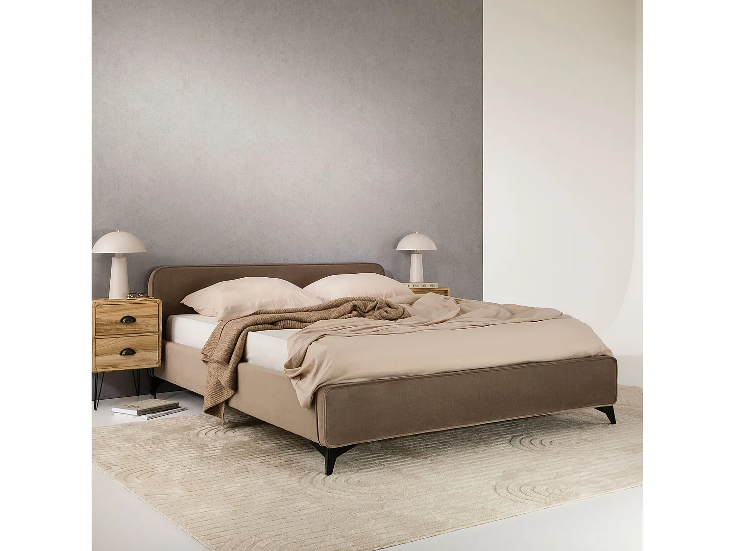 Lit double RAVELLO 140x190 cm, Revêtement en tissu, Lit style moderne pour 2 personnes, Cadre de lit avec sommier inclus, Grège