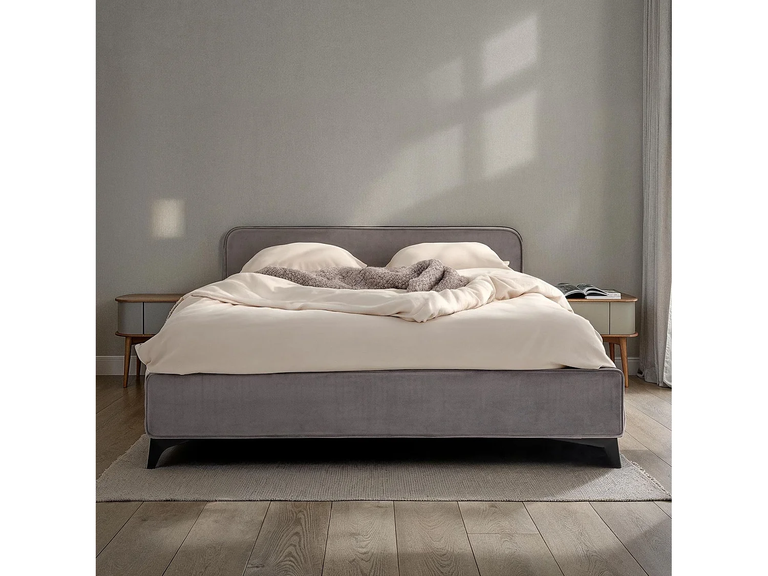 Lit double RAVELLO 140x190 cm, Revêtement en tissu, Lit style moderne pour 2 personnes, Cadre de lit avec sommier inclus, Gris