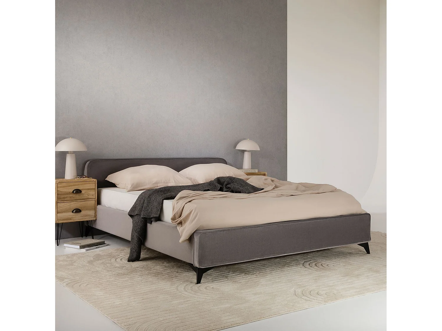 Lit double RAVELLO 140x190 cm, Revêtement en tissu, Lit style moderne pour 2 personnes, Cadre de lit avec sommier inclus, Gris