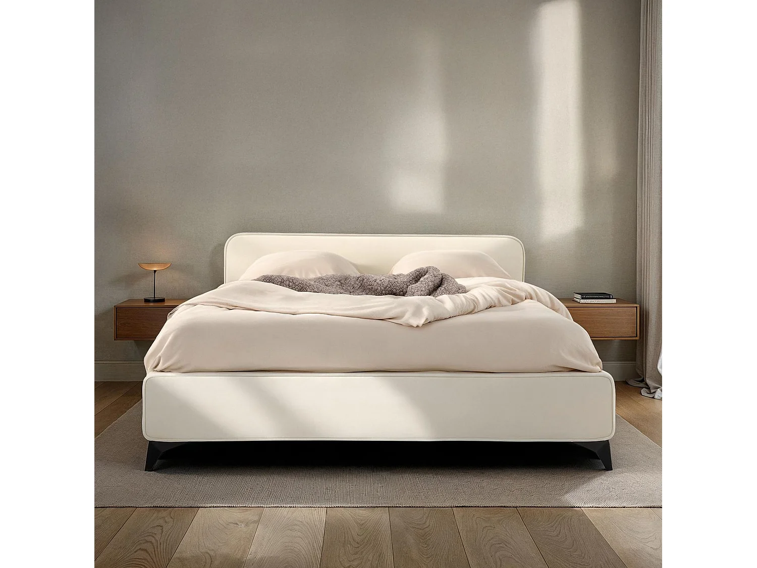 Lit double RAVELLO 140x190 cm, Revêtement en tissu, Lit style moderne pour 2 personnes, Cadre de lit avec sommier inclus, Blanc crèm