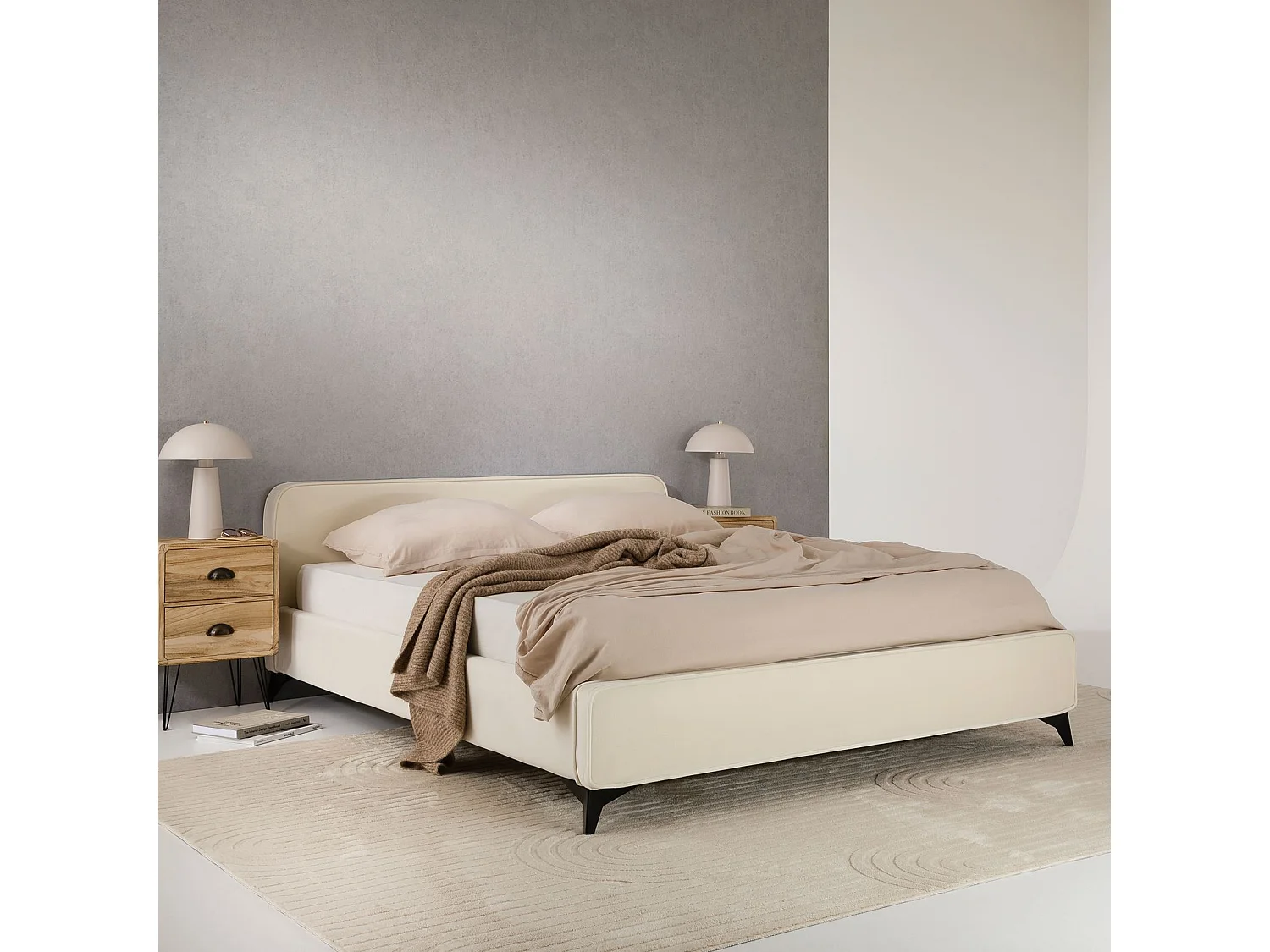 Lit double RAVELLO 140x190 cm, Revêtement en tissu, Lit style moderne pour 2 personnes, Cadre de lit avec sommier inclus, Blanc crèm