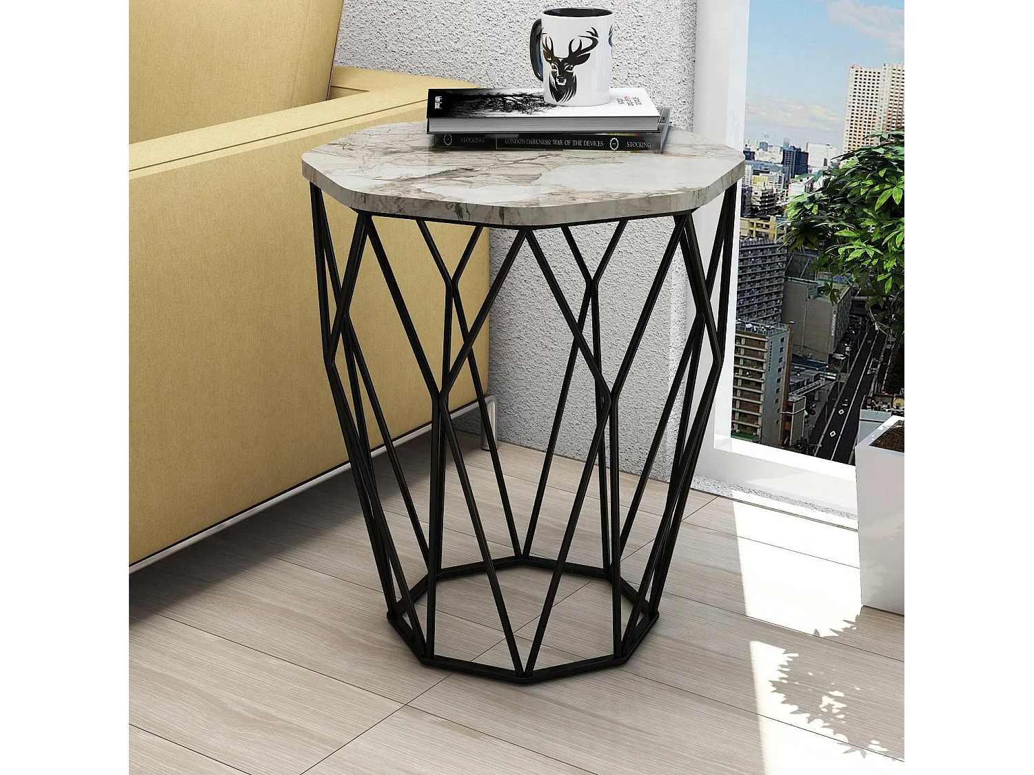 Table Heptagone Zachem Panneau Métal Noir et Bois Blanc marbre