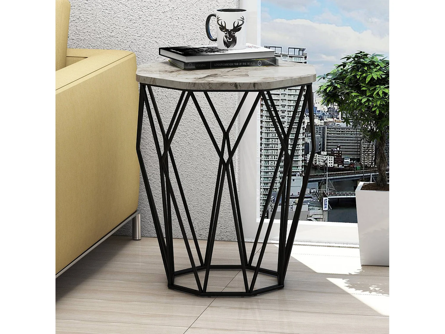 Table Heptagone Zachem Panneau Métal Noir et Bois Blanc marbre