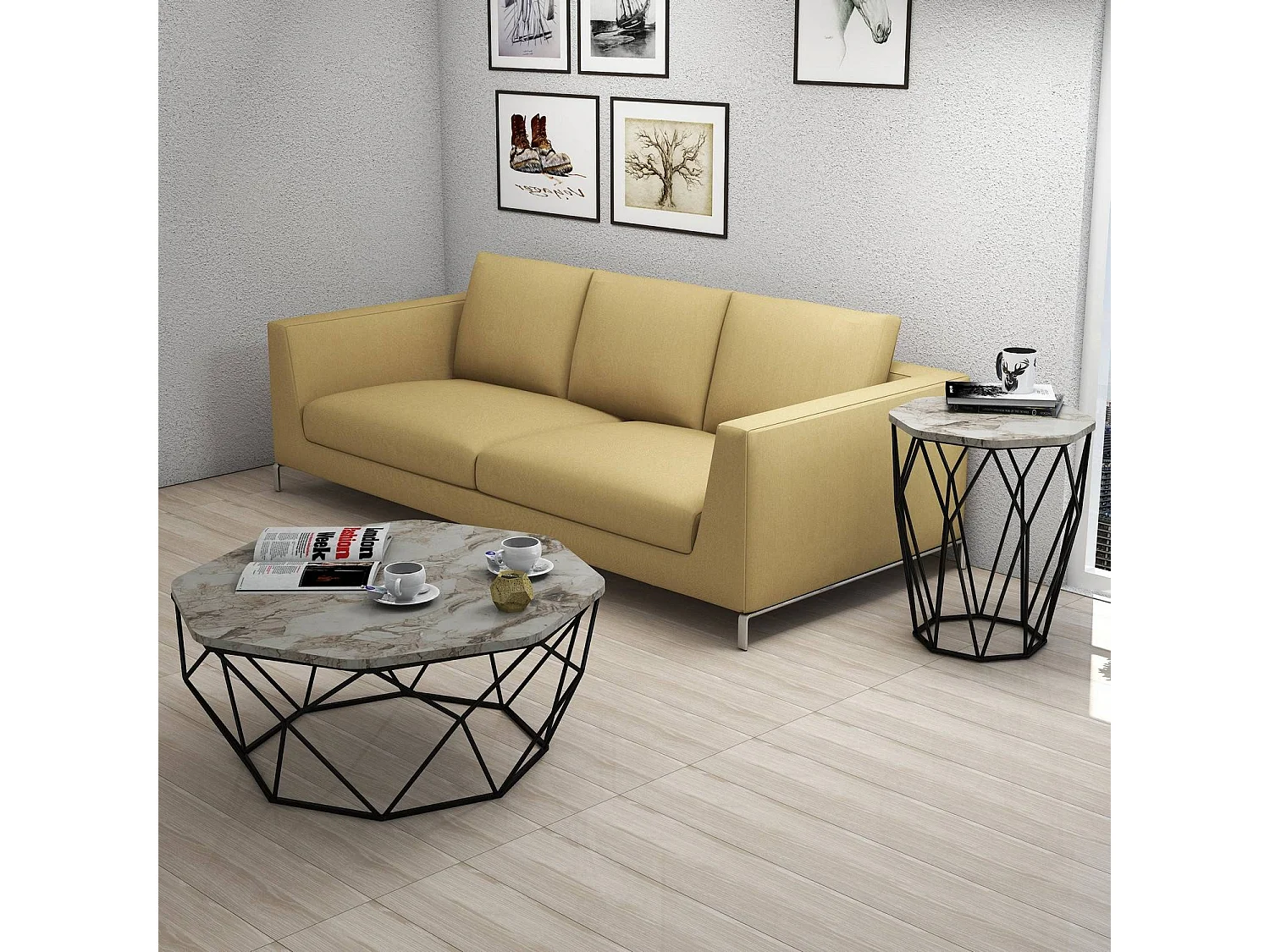 Table Heptagone Zachem Panneau Métal Noir et Bois Blanc marbre