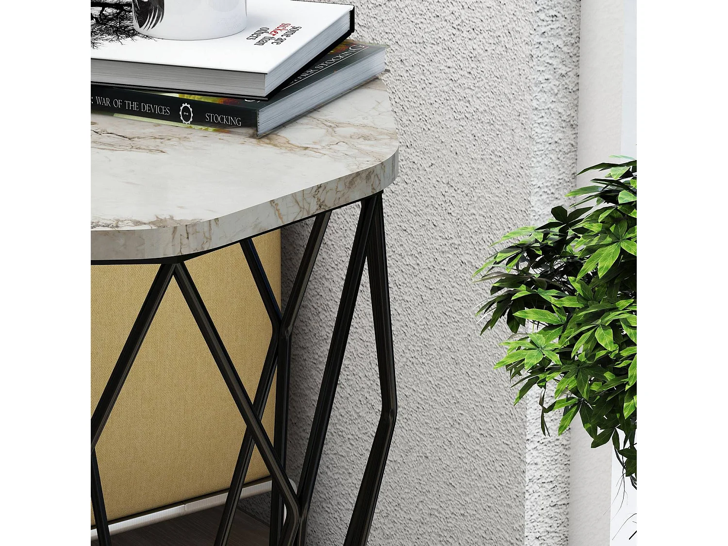 Table Heptagone Zachem Panneau Métal Noir et Bois Blanc marbre