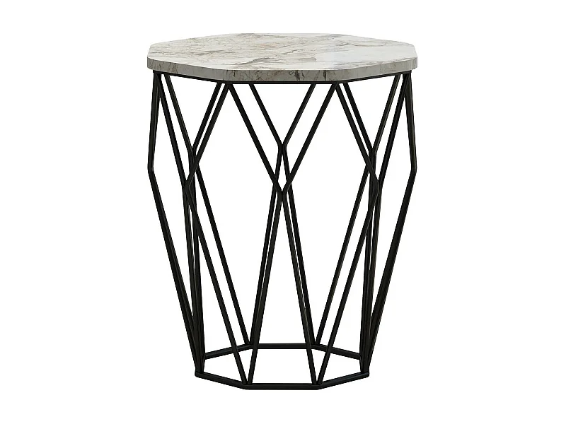 Table Heptagone Zachem Panneau Métal Noir et Bois Blanc marbre
