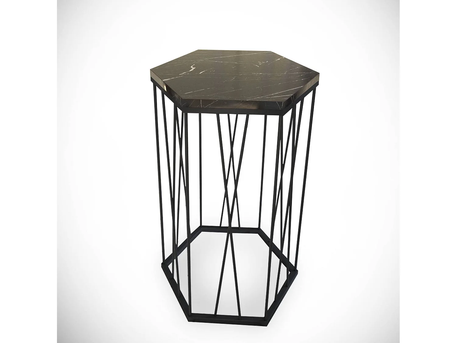 Table d'appoint hexagonale Supellex Bois Marbre Noir et Métal Noir