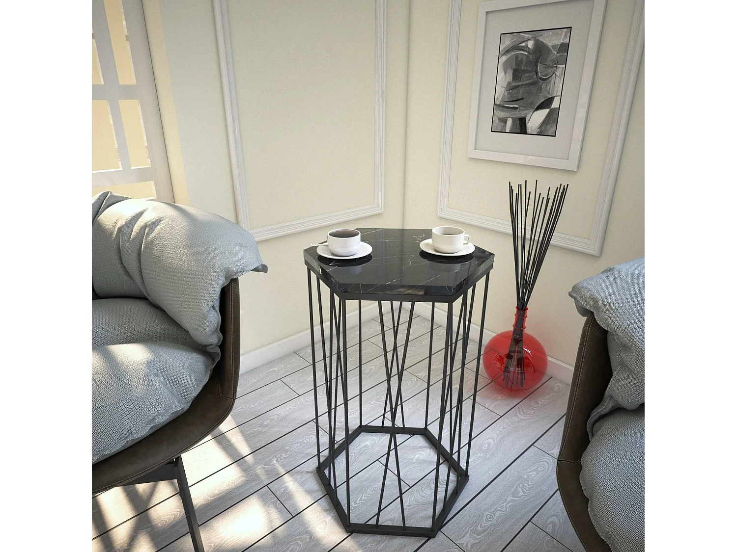 Table d'appoint hexagonale Supellex Bois Marbre Noir et Métal Noir