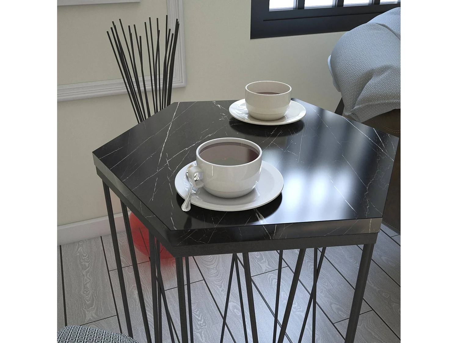 Table d'appoint hexagonale Supellex Bois Marbre Noir et Métal Noir